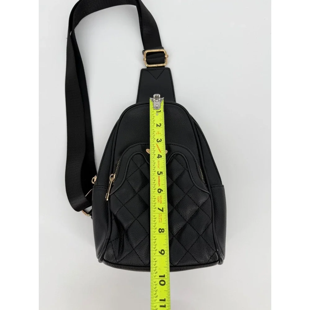 Black Quilted Vegan Leather Bee Sling Bag Crossbody Backpack Gold Hardware